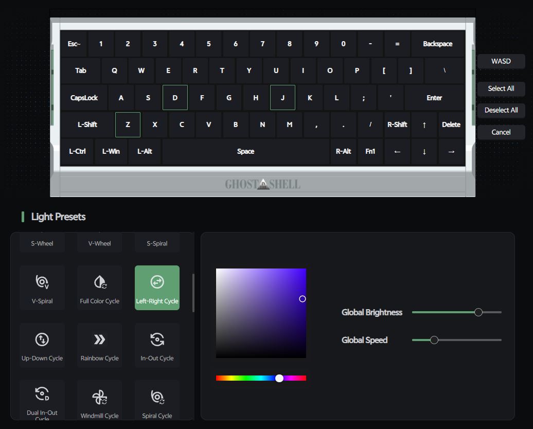 The Ghost Shell keyboard configuration software displays a virtual keyboard with highlighted keys, light presets including 'Left-Right Cycle,' and adjustable global brightness and speed sliders.