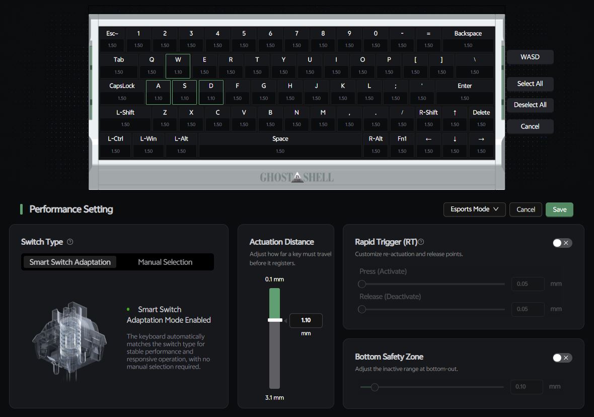 A performance setting interface for a keyboard labeled GHOST SHELL displays key actuation distances, with 'Smart Switch Adaptation Mode Enabled' and customization options for 'WASD' keys at 1.10 mm.