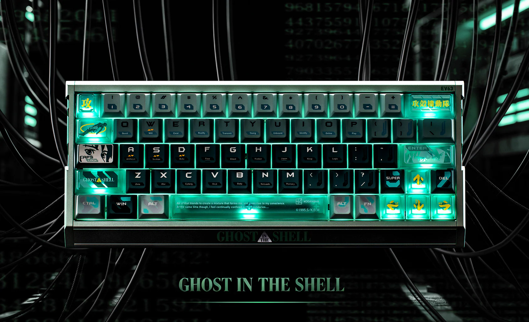 The EVGA EV63 keyboard features custom 'Ghost in the Shell' themed keycaps with vibrant green backlighting.