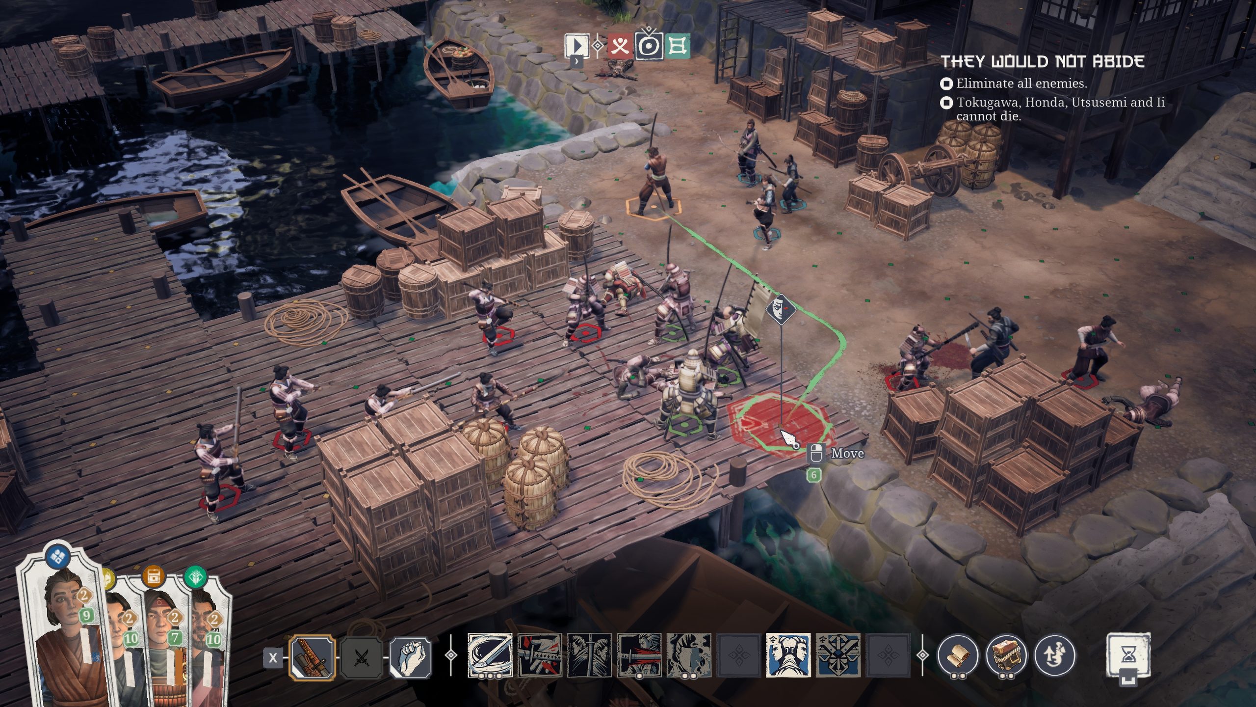A tactical game interface shows a dockside battle with samurai warriors, featuring objectives 'Eliminate all enemies' and specific character names Tokugawa, Honda, Utsusemi, and Ii, along with player cards and action icons at the bottom.