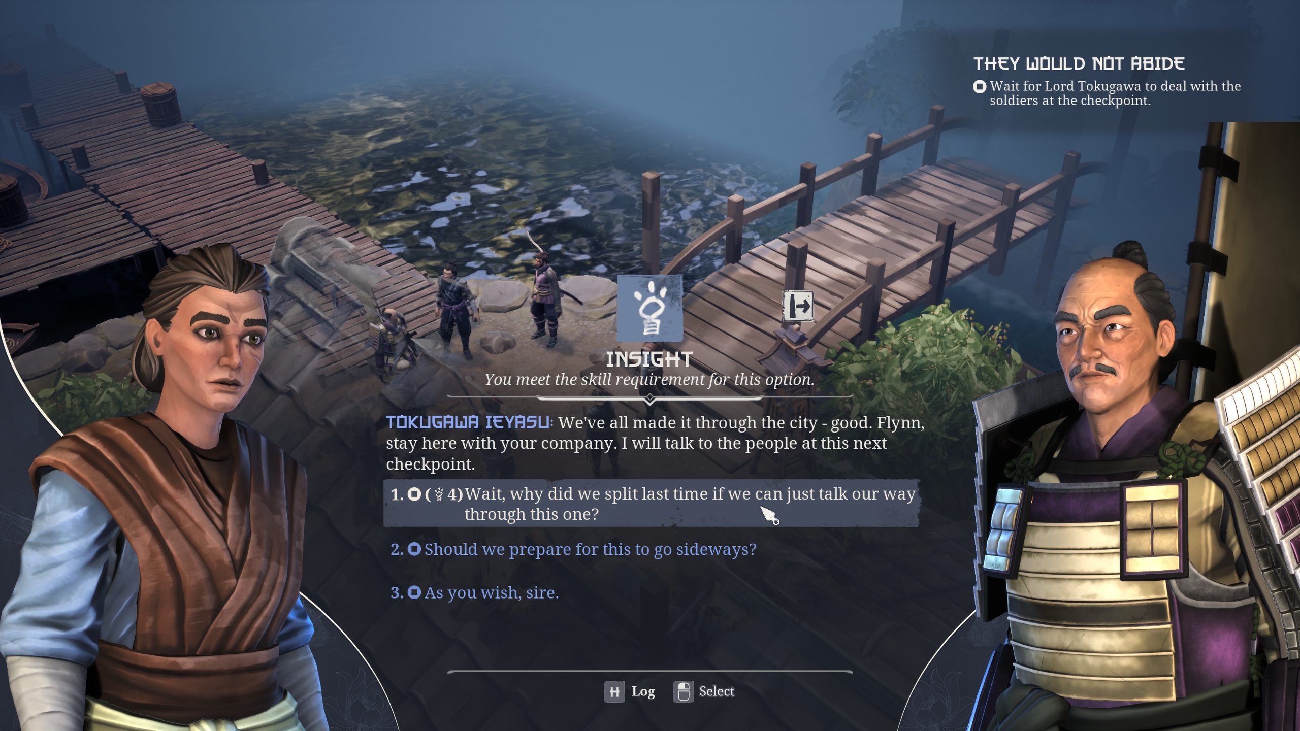 A dialogue scene from a game shows a character named Flynn and Tokugawa Ieyasu discussing a strategy at a checkpoint, with the choice '1. Wait, why did we split last time if we can just talk our way through this one?' highlighted by the player.