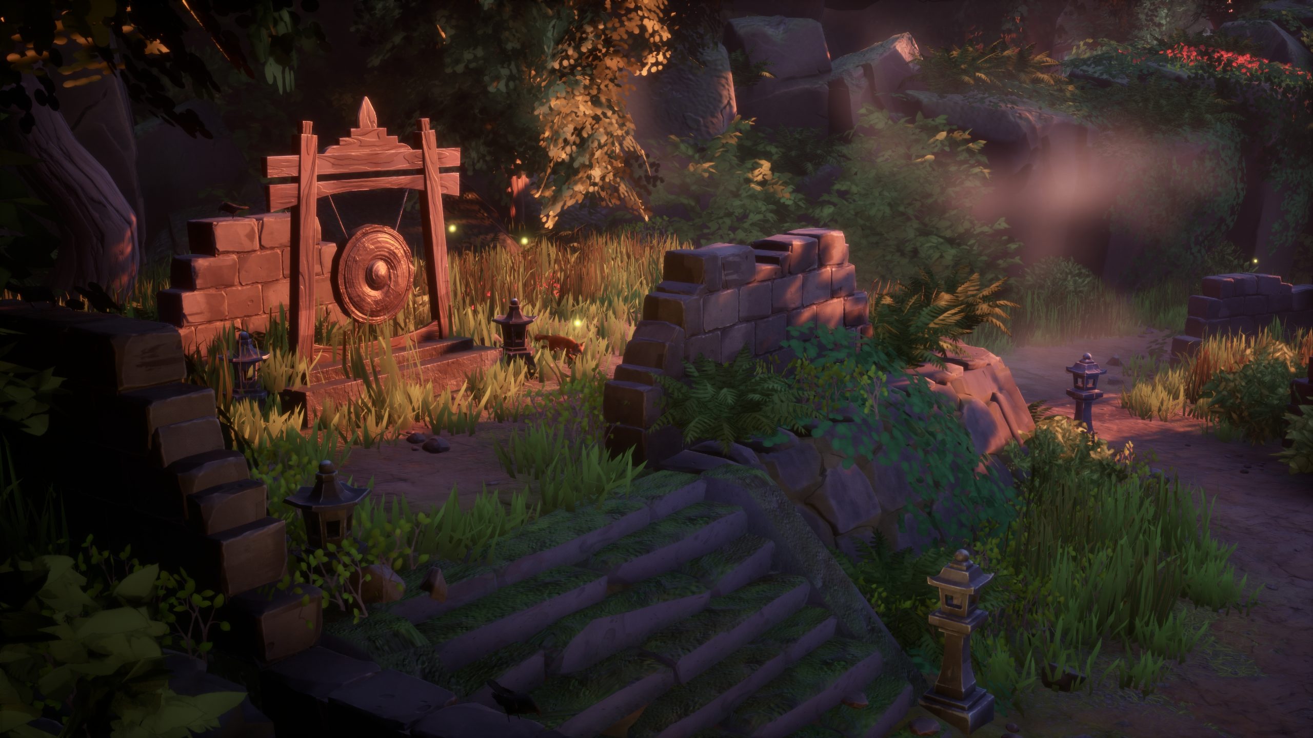 A lush, overgrown stone courtyard with an ancient-looking gong stands illuminated by soft sunlight filtering through trees.