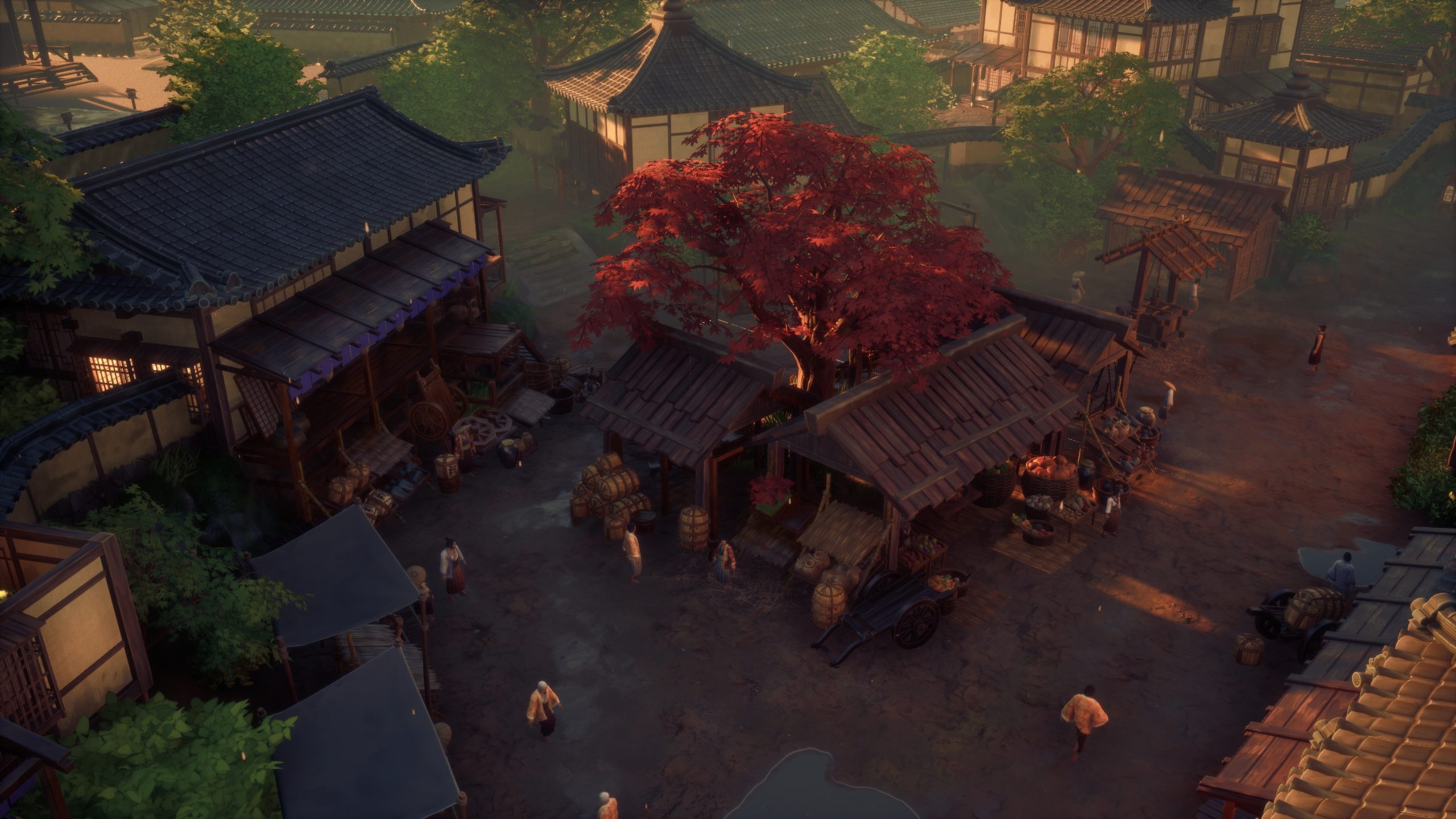 A vibrant city marketplace scene in a game, featuring traditional architecture and a prominent tree with red foliage surrounded by merchants and pedestrians.