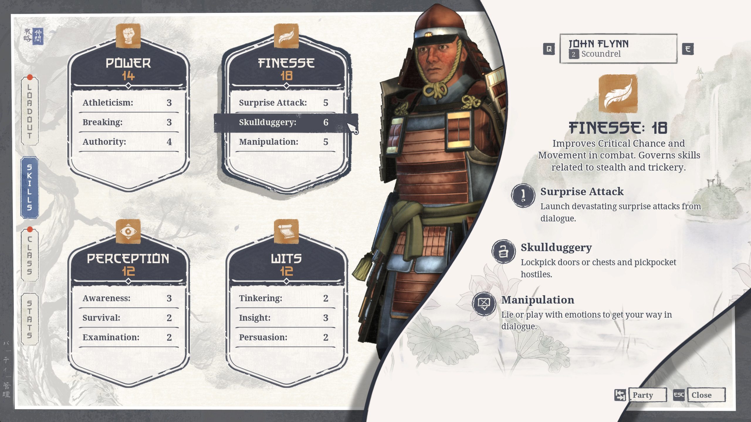Character attributes screen for John Flynn, a scoundrel, showing 'Finesse: 18' with skills including Surprise Attack, Skullduggery, and Manipulation.