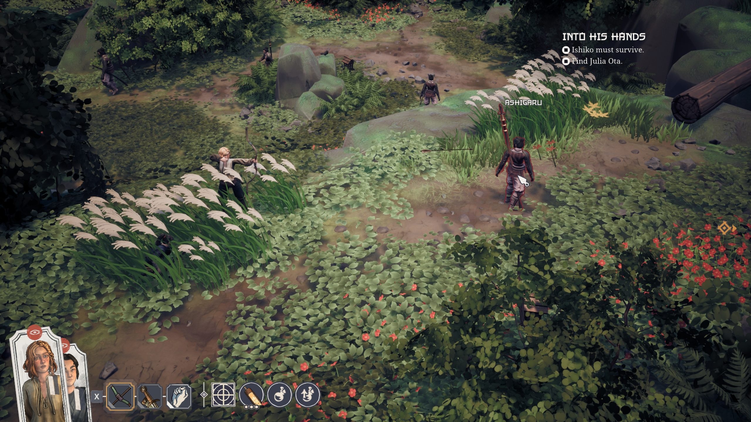 A video game scene showing a character named Ashigaru in a forest with a mission titled 'Into His Hands,' featuring objectives 'Ishiko must survive' and 'Find Julia Ota.'