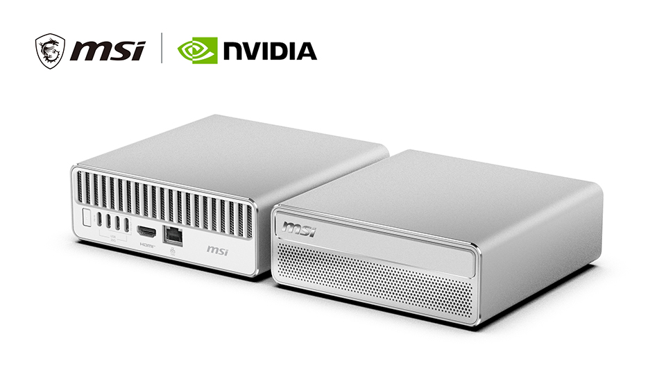 Two MSI mini PCs are shown side by side with MSI and NVIDIA logos visible above them.