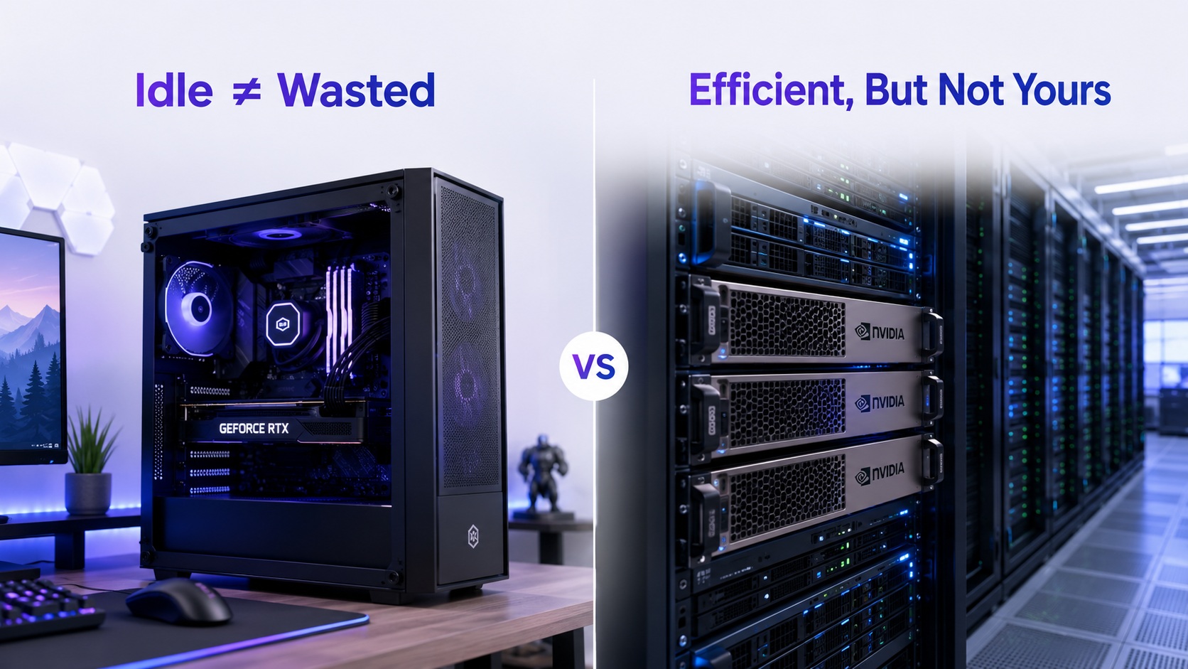A desktop PC with a visible 'GeForce RTX' card and the text 'Idle ≠ Wasted' is contrasted with NVIDIA server racks under the text 'Efficient, But Not Yours,' separated by a 'VS' symbol.