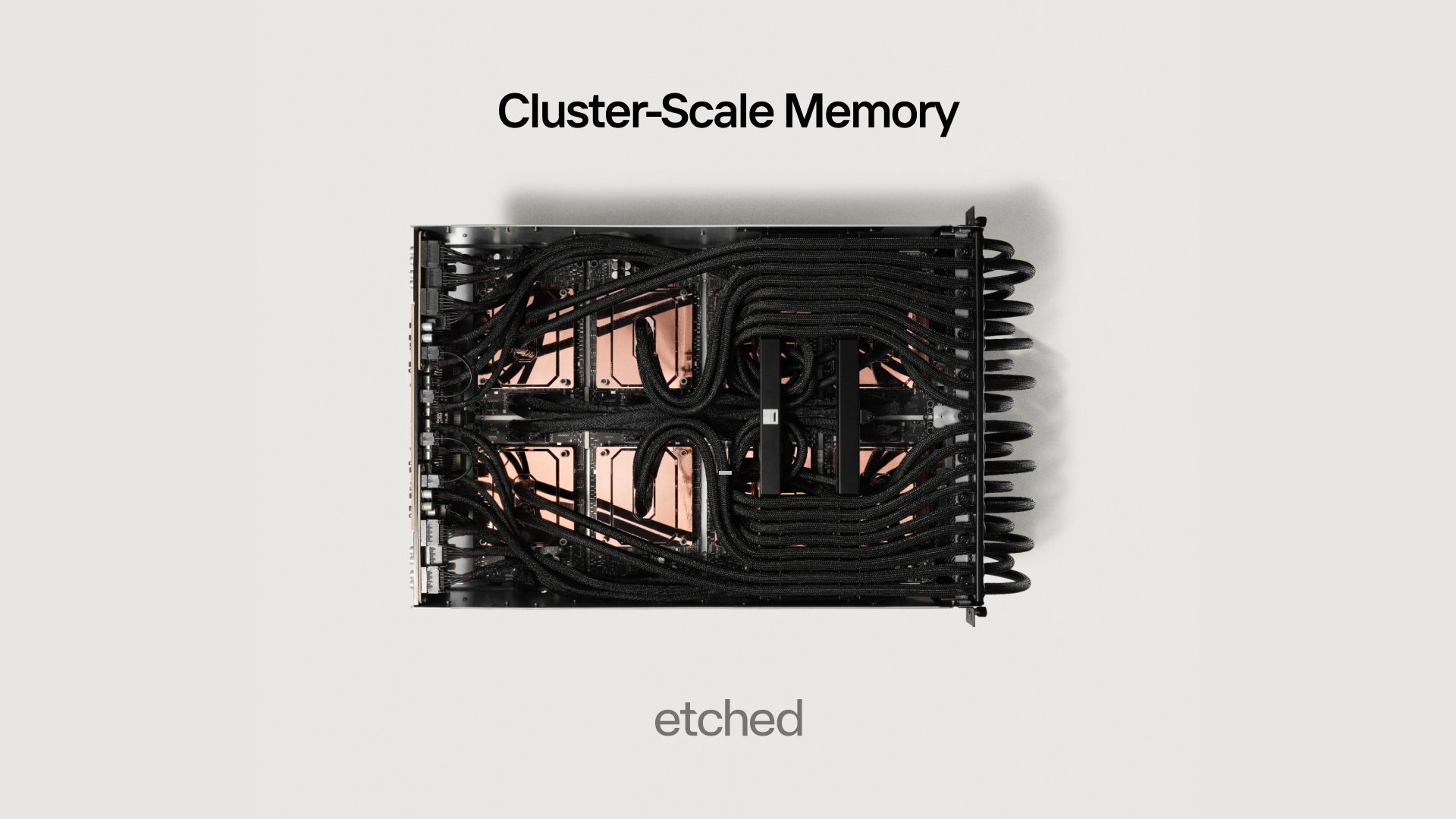 A complex network of black cables labeled 'Cluster-Scale Memory' and 'etched' is arranged in a hardware setup.