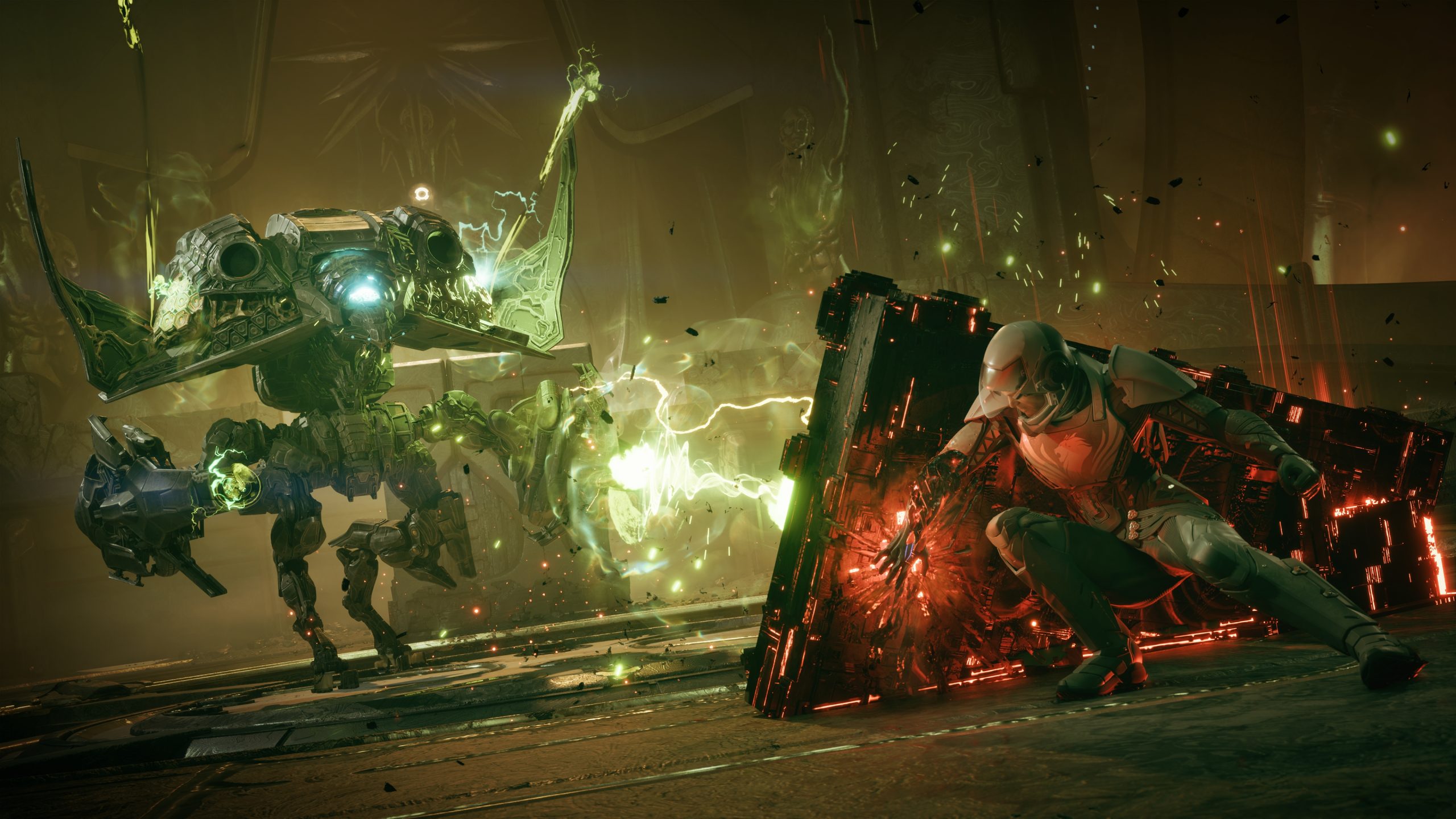 A character in 'EXODUS' battles a large robotic enemy with glowing green energy inside a dark, futuristic setting.