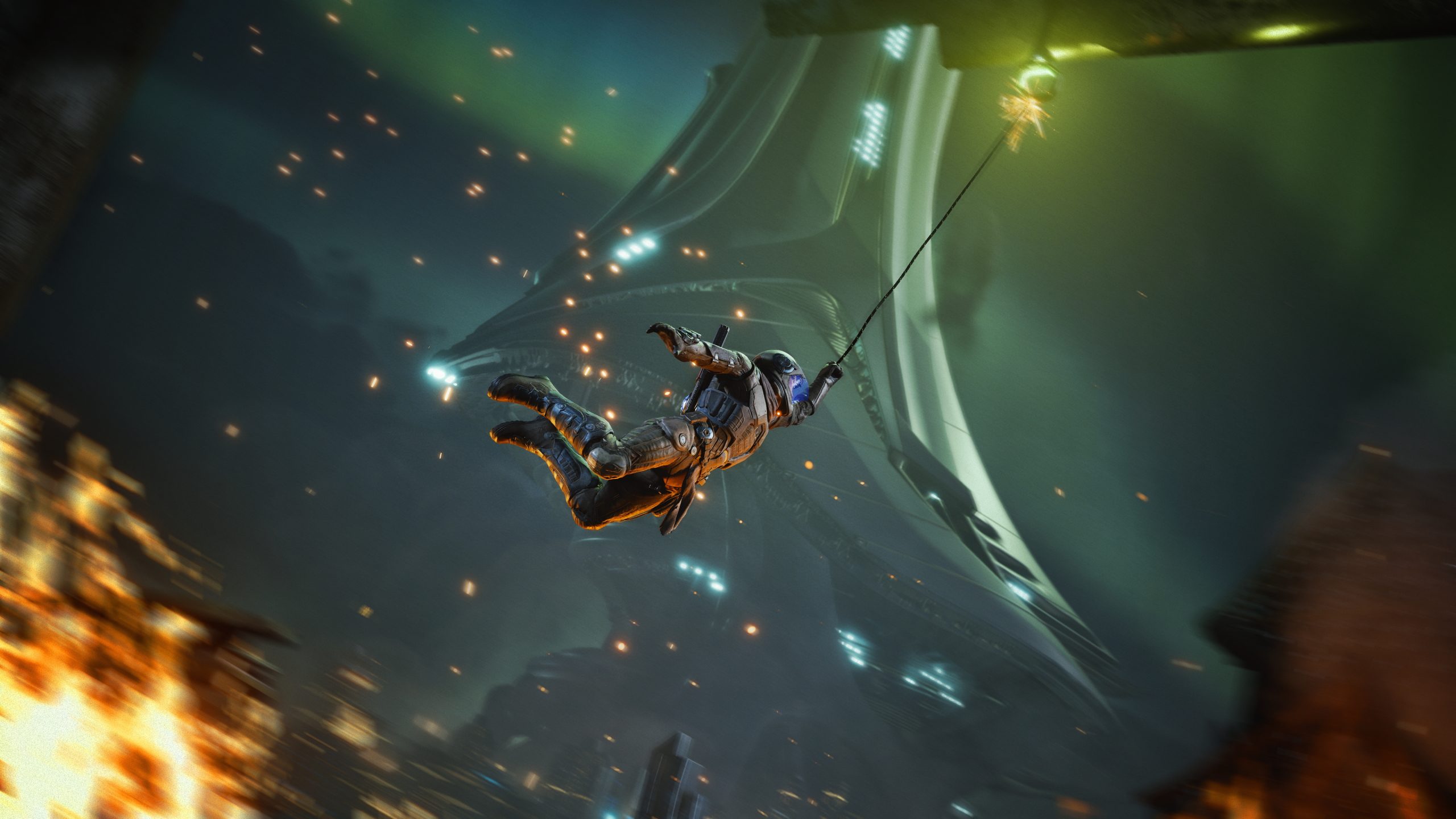 A character in a spacesuit uses a grappling hook to swing toward an illuminated alien structure amidst a fiery background.