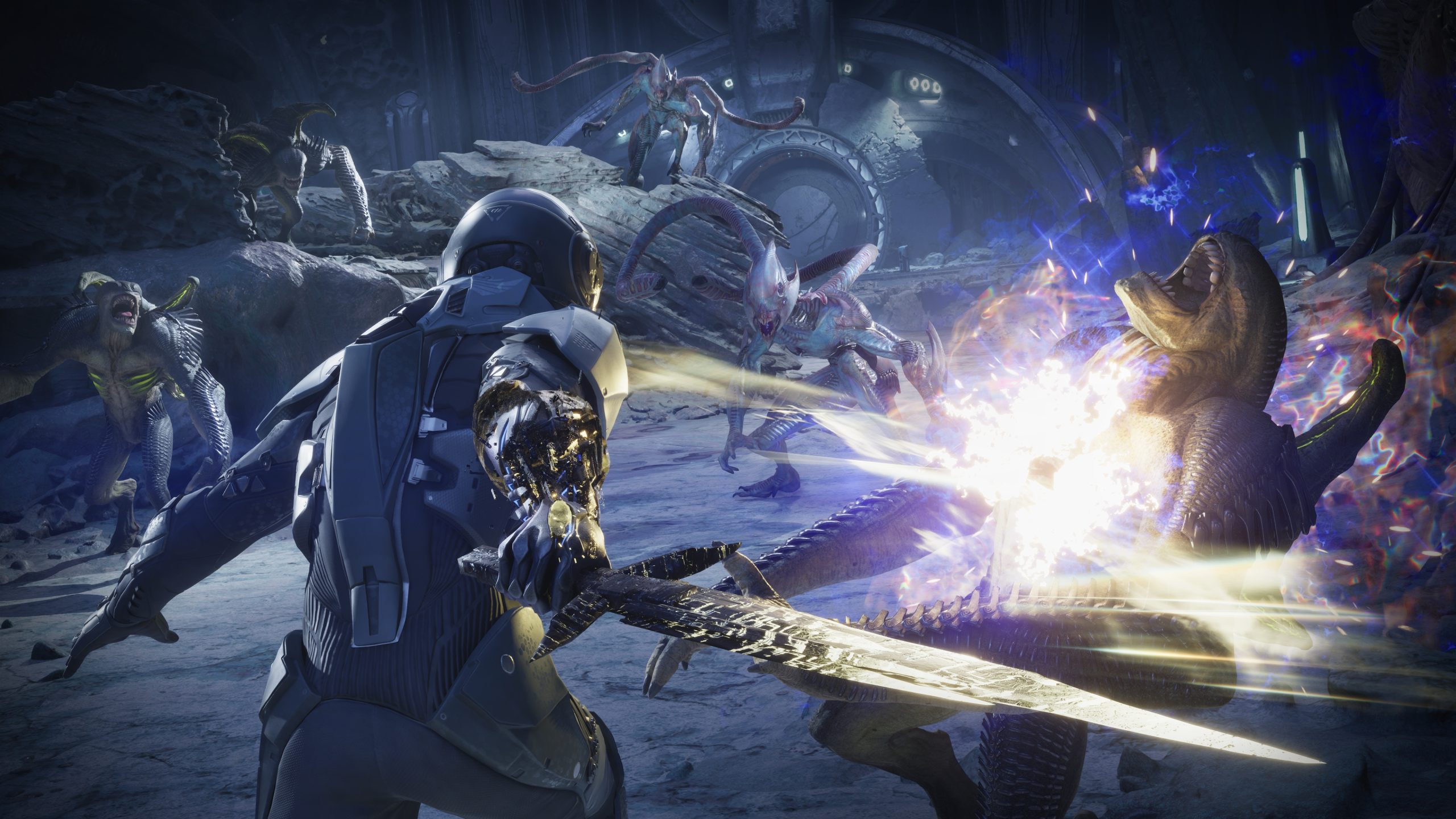 A character in futuristic armor battles alien creatures in a space-themed environment.