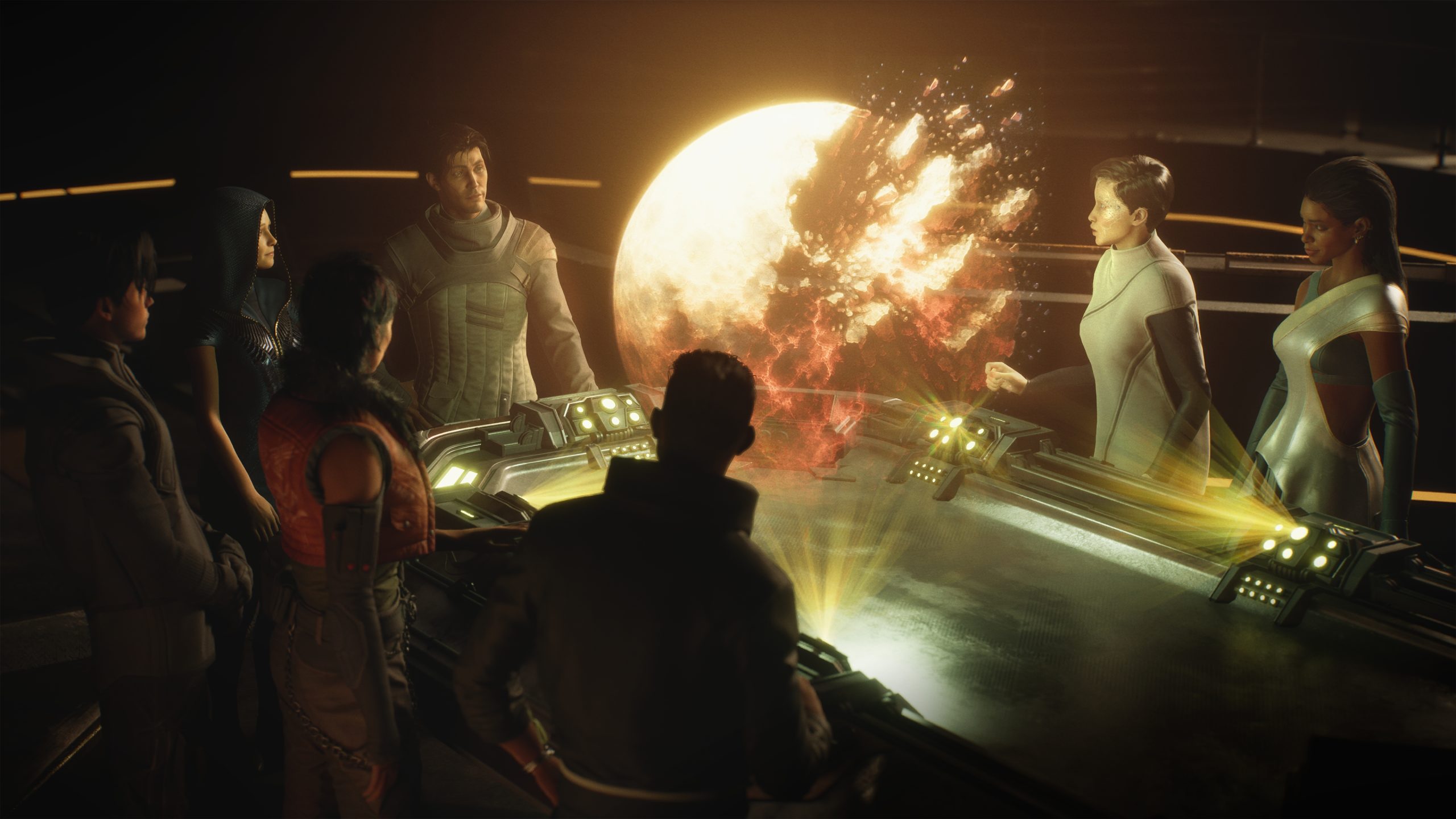 A group of characters in futuristic attire stands around a console displaying a holographic image of an exploding planet in a scene from the game Exodus.