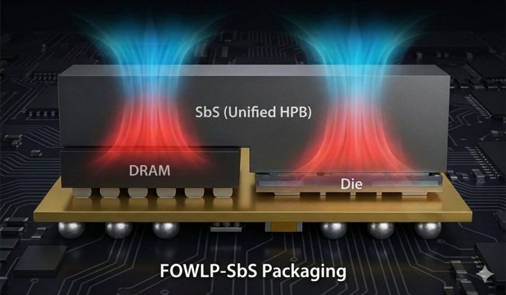 A diagram shows 'FOWLP-SbS Packaging' with labeled components 'DRAM,' 'Die,' and 'SbS (Unified HPB)' emitting colored energy flows.