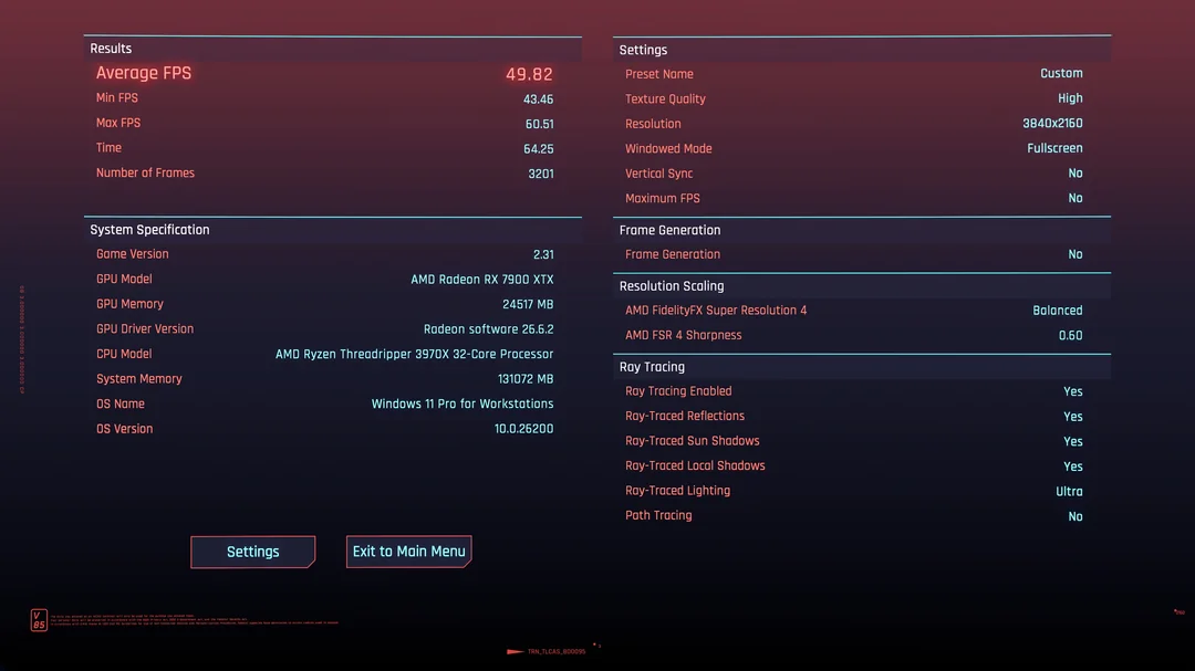 A performance results screen for an AMD Radeon RX 7900 XTX shows an average FPS of 49.82 under 'Custom' settings with 3840x2160 resolution, using a system with an AMD Ryzen Threadripper 3970X and Windows 11 Pro for Workstations.