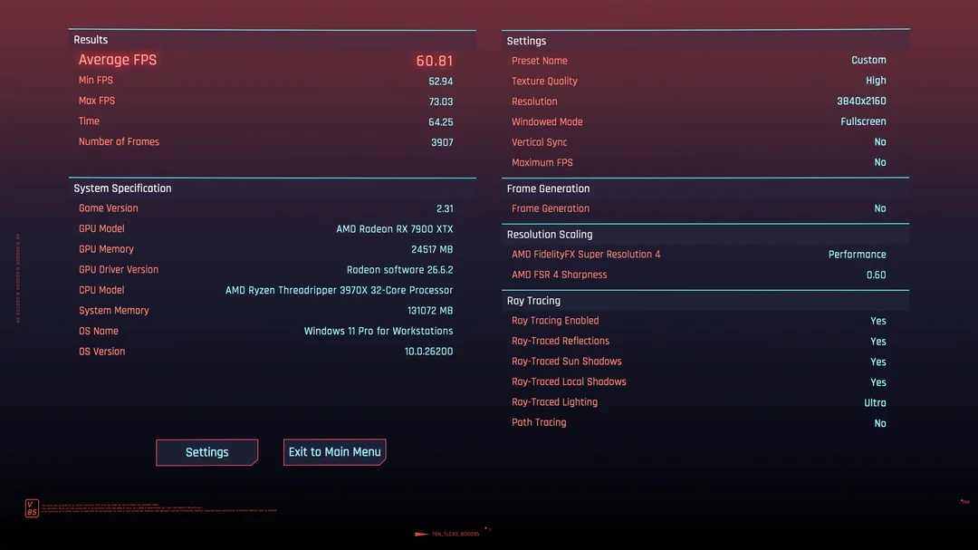 A benchmark result screen shows an average FPS of 60.81 for the game version 2.31 running on an AMD Radeon RX 7900 XTX GPU, paired with an AMD Ryzen Threadripper 3970X 32-core processor, with ray tracing enabled and resolution set to 3840x2160.
