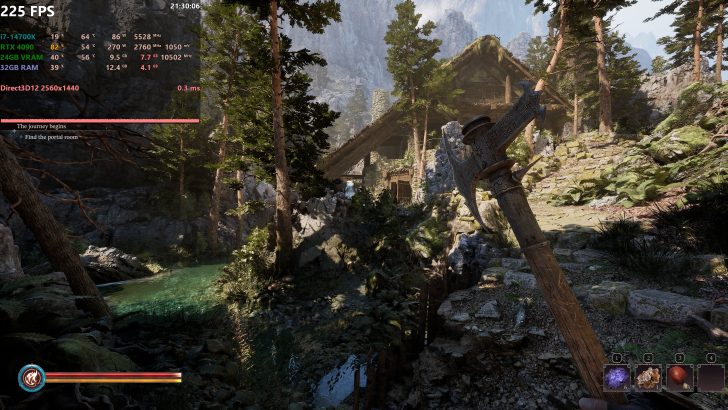 A fantasy video game scene shows a character holding an axe, with performance metrics in the top left corner displaying '225 FPS' and details for 'i7-14700K' and 'RTX 4090', while the quest 'Find the portal room' is noted above the game interface.