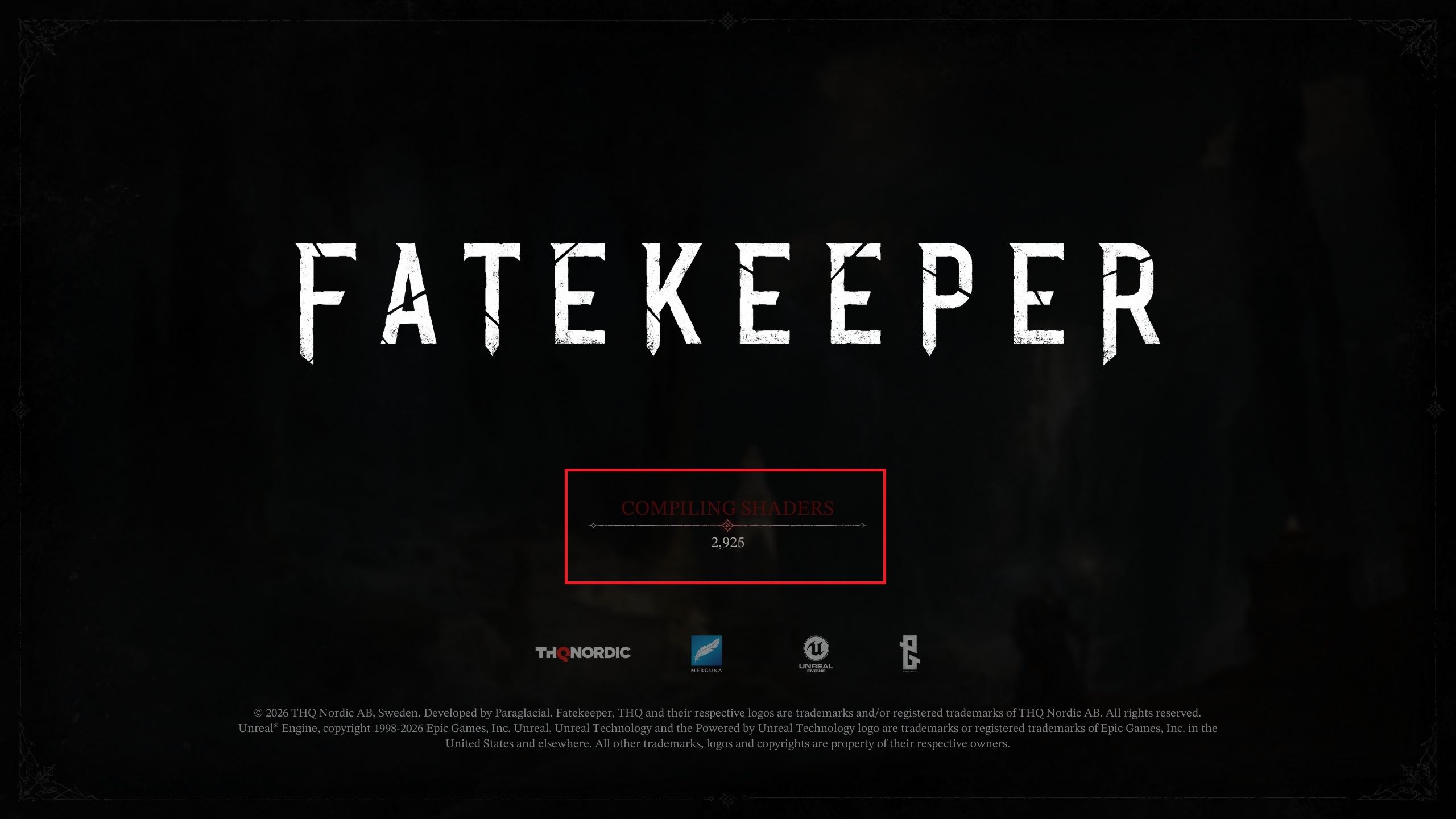 The screen shows the title Fatekeeper with the text 'COMPILING SHADERS' and a count of '2,925' in-progress beneath it.