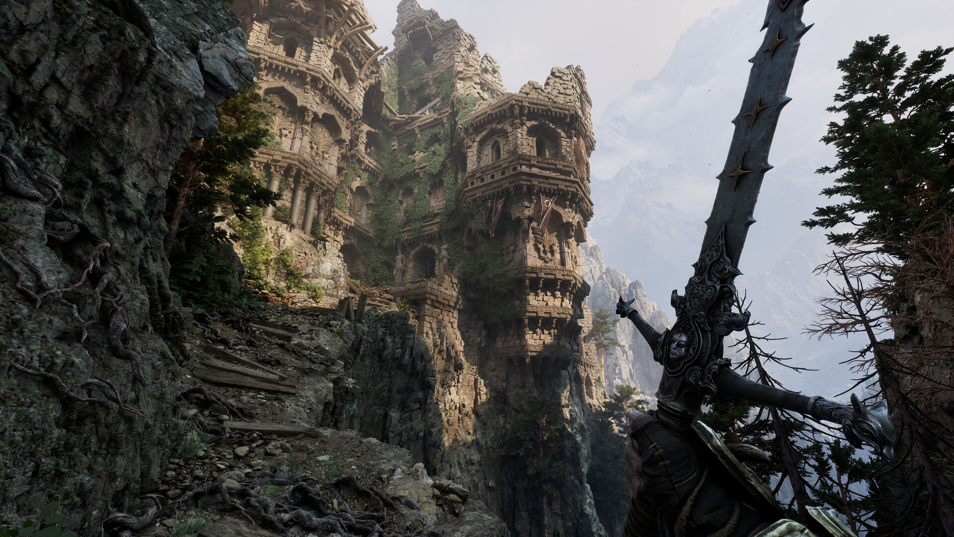 A game character in Lords of the Fallen holds an ornate sword in front of a detailed, ivy-covered stone castle built into a rocky cliff.