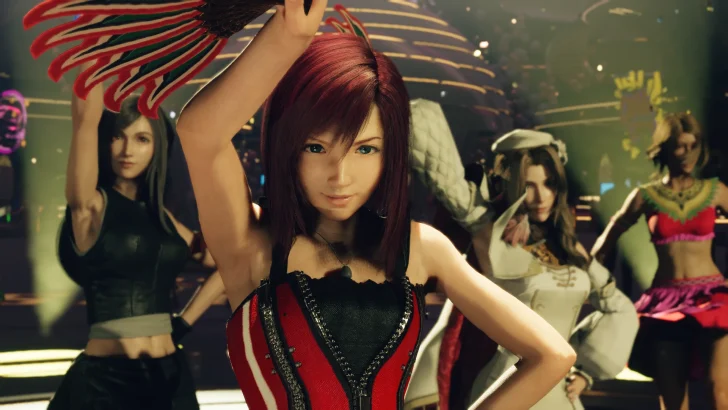 A character in 'Final Fantasy VII Remake' performing a dance move in an ornate setting.