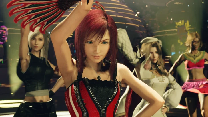 A character from 'Final Fantasy VII Rebirth' performing at the Gold Saucer with other dancers in the background.