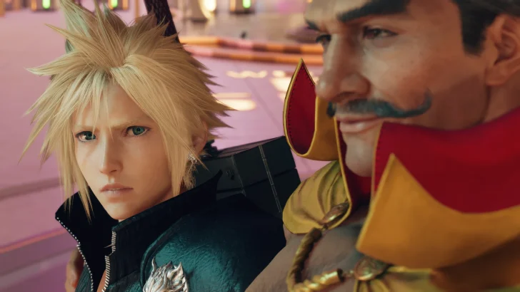 Cloud Strife and another character from Final Fantasy VII Rebirth are seen in a close-up scene with detailed facial expressions.