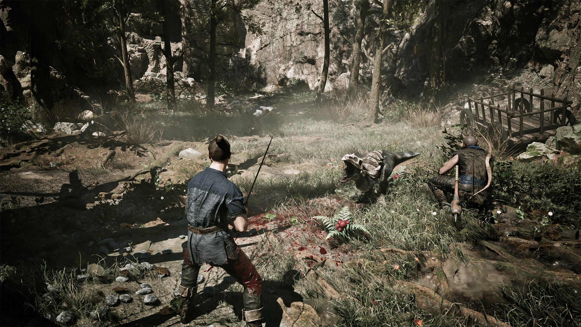 A character in Project W wields a sword while facing a dinosaur in a forest setting.