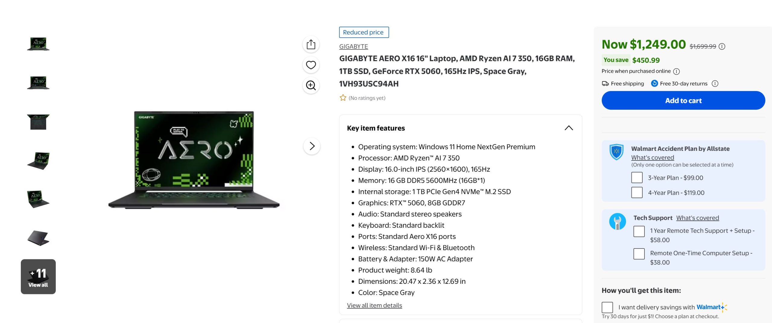 The Gigabyte AERO X16 16 laptop features an AMD Ryzen AI 7 350 processor, 16GB RAM, 1TB SSD, GeForce RTX 5060 graphics, 165Hz IPS display, and is listed at a reduced price of $1,249.00.