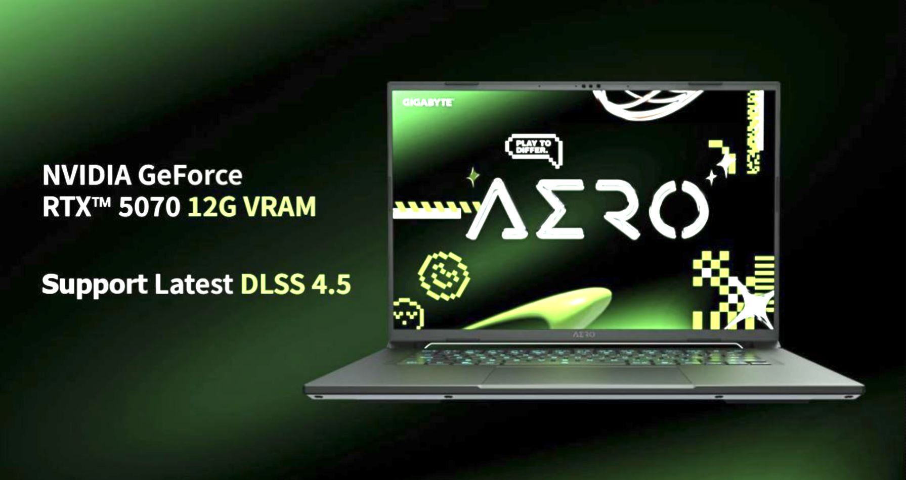 A Gigabyte Aero laptop is displayed alongside text highlighting the 'NVIDIA GeForce RTX 5070 12G VRAM' and 'Support Latest DLSS 4.5.'