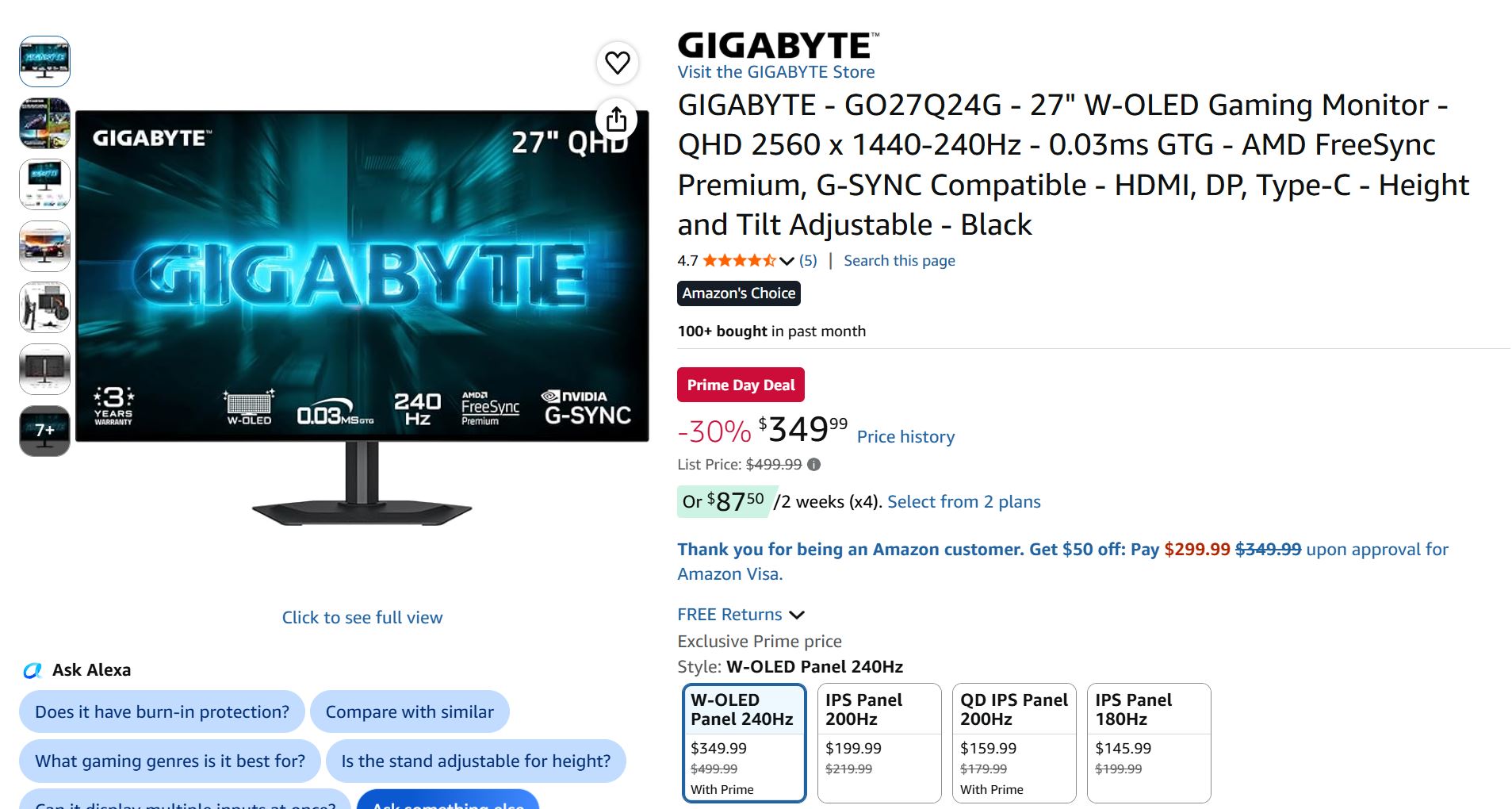 The image shows a Gigabyte GO27Q24G 27 W-OLED gaming monitor display with '240 Hz', advertised as an Amazon's Choice with a Prime Day deal price of $349.99, a 30% discount from the original $499.99.