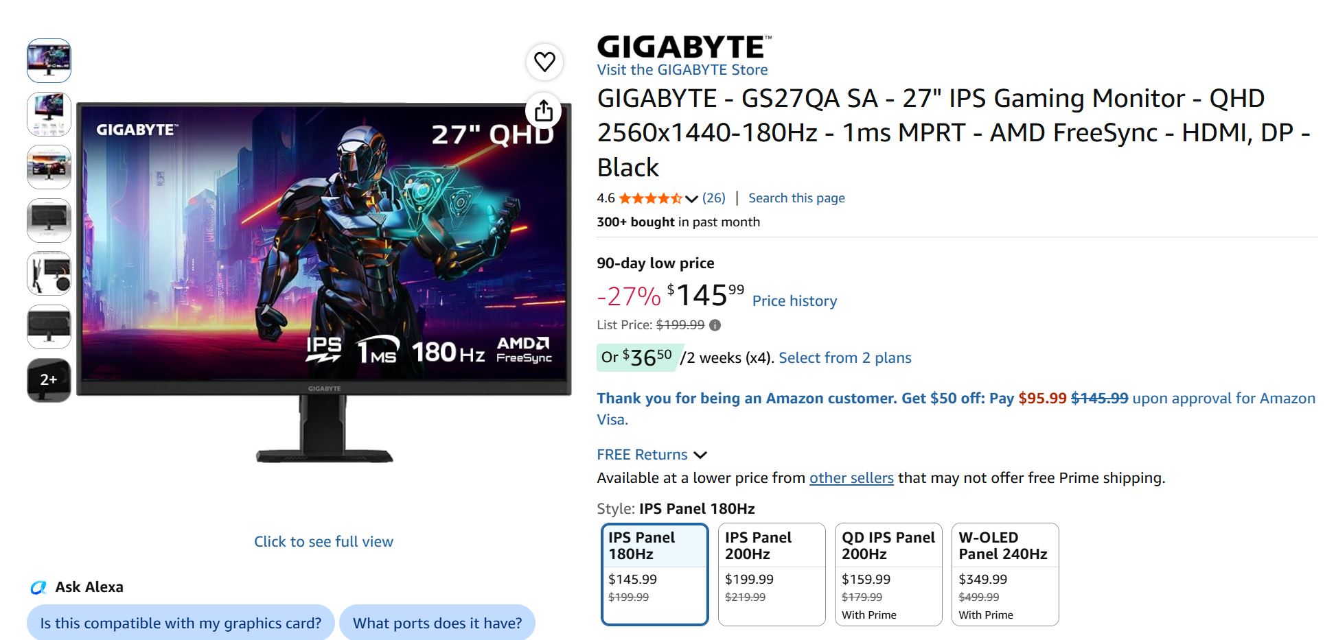 A Gigabyte GS27QA SA 27 IPS gaming monitor is advertised with specs including '2560x1440-180Hz,' '1ms MPRT,' and 'AMD FreeSync,' priced at $145.99.