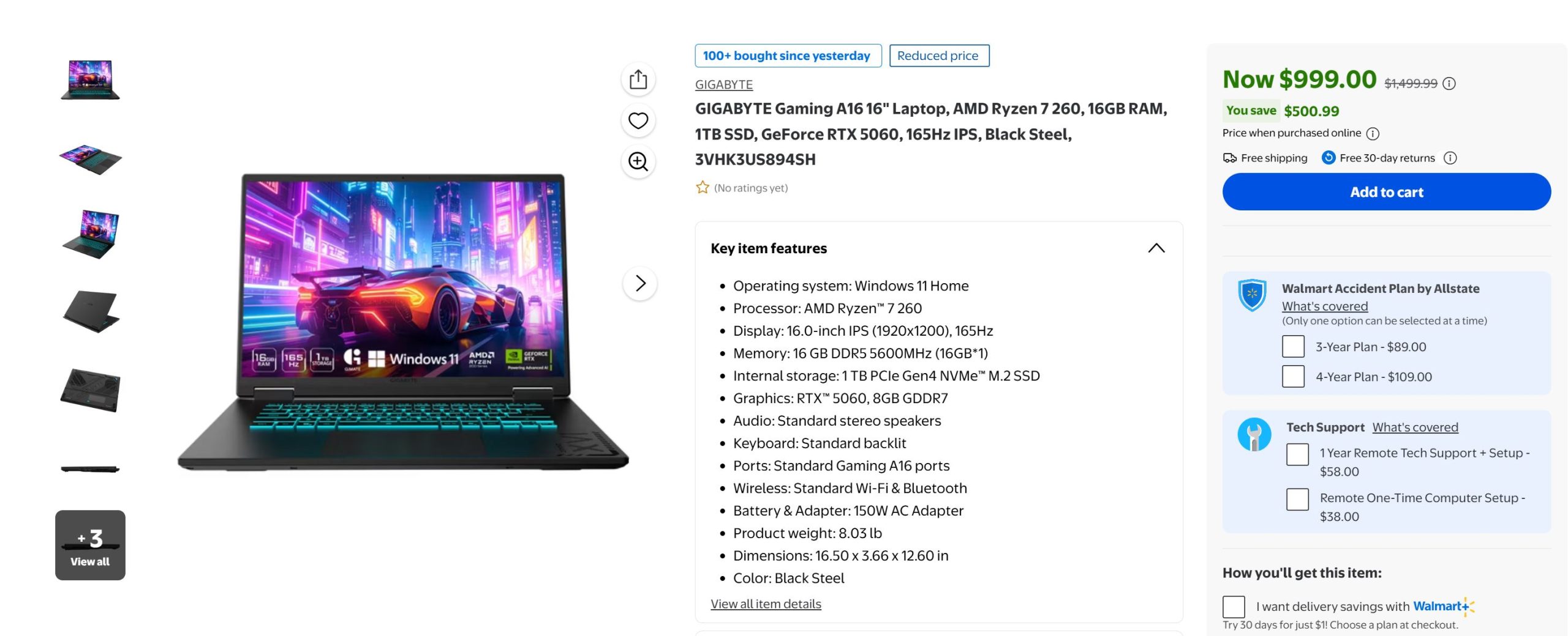 The image shows a GIGABYTE Gaming A16 16 laptop with an AMD Ryzen 7 260 processor, GeForce RTX 5060 graphics, 16GB RAM, and a 1TB SSD, displayed on a retail webpage with a price of $999.00.