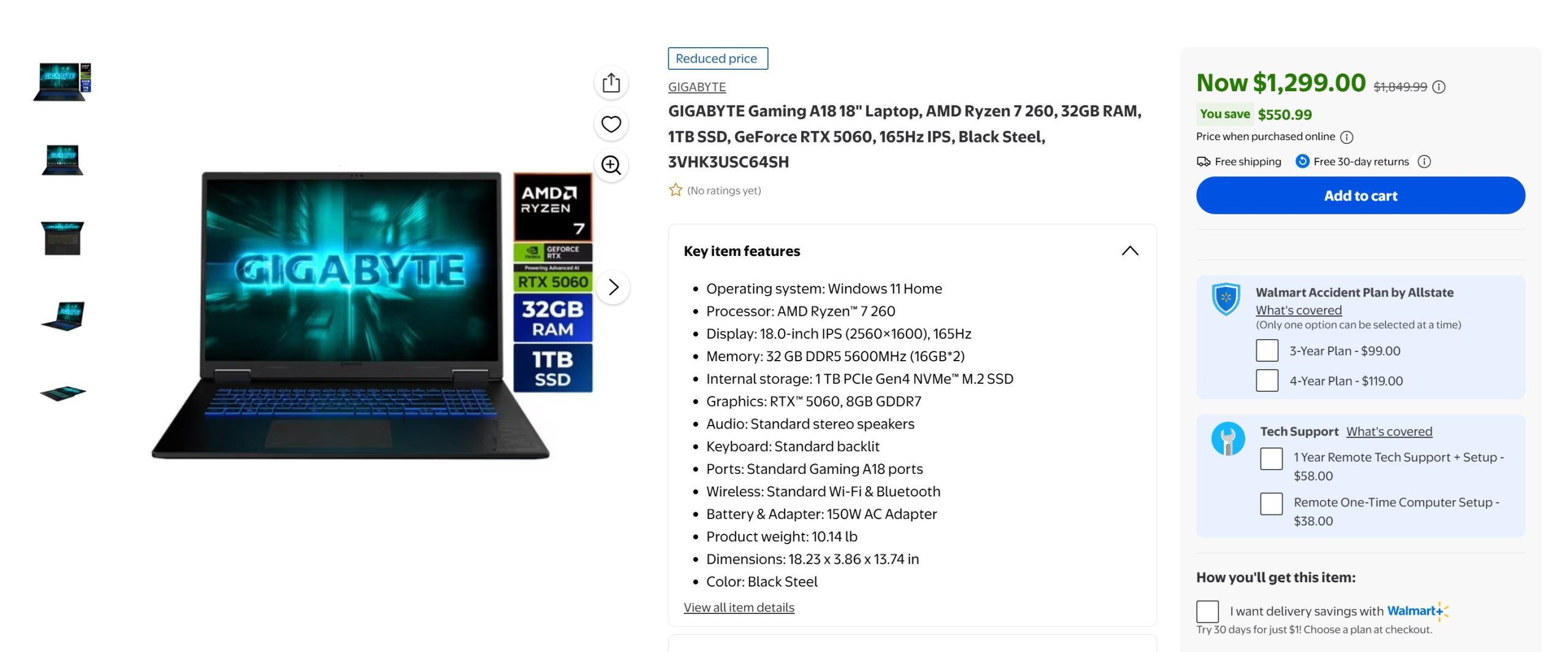 The image displays a Gigabyte A18 18 Gaming Laptop with an AMD Ryzen 7 260 processor, 32GB RAM, 1TB SSD, and GeForce RTX 5060, priced at $1,299.00.
