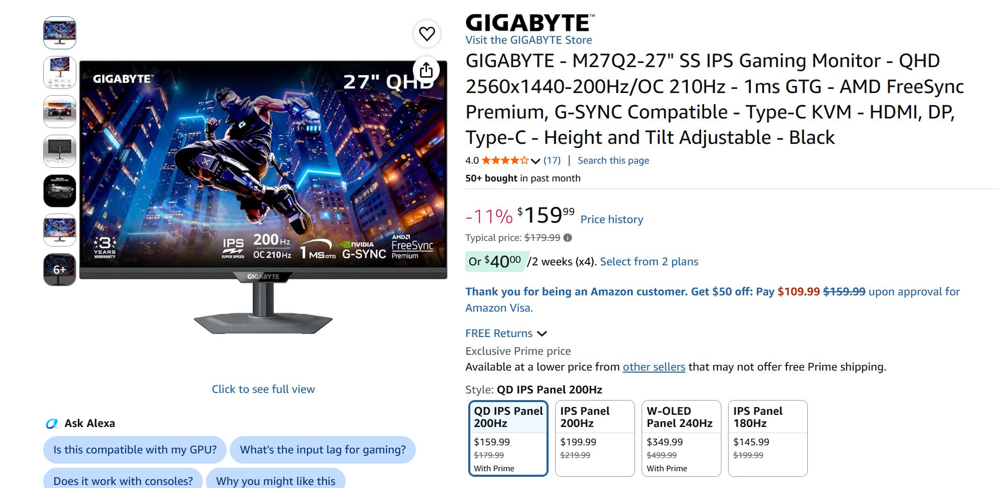 The image displays a Gigabyte M27Q P monitor on Amazon, featuring a 27-inch QHD screen with a 200Hz refresh rate, 1ms response time, and compatibility with AMD FreeSync Premium and NVIDIA G-SYNC, priced at $159.99 with options for financing.