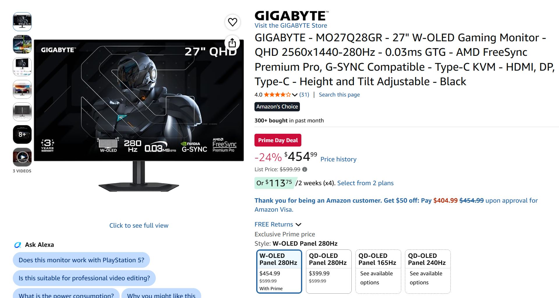 A GIGABYTE monitor display shows specifications: 27” QHD, 280 Hz, 0.03ms GTG, and includes logos for W-OLED, NVIDIA G-SYNC, and AMD FreeSync Premium Pro.