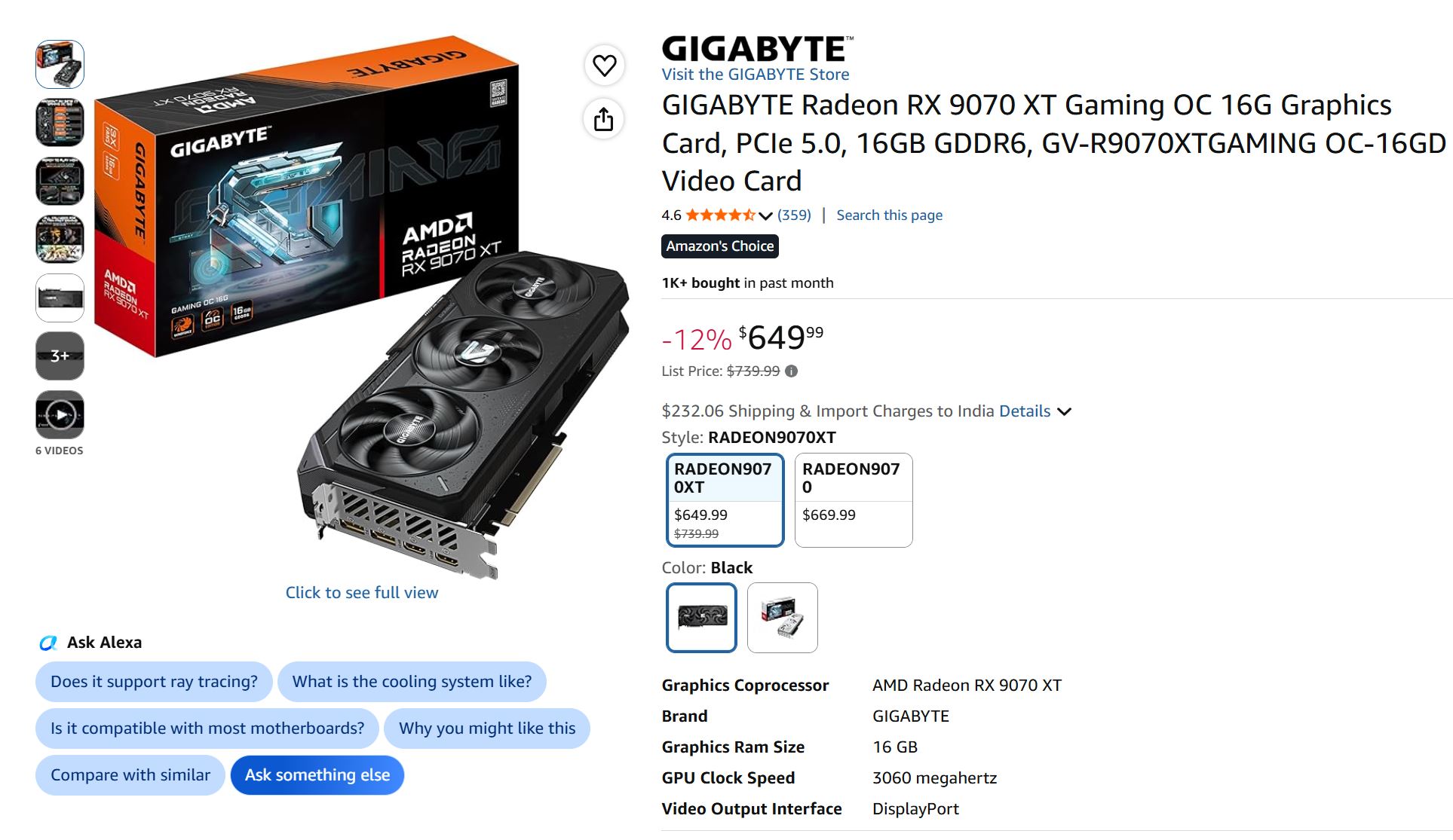 The image shows a GIGABYTE Radeon RX 9070 XT Gaming OC 16G Graphics Card with PCIe 5.0, 16GB GDDR6, alongside its retail box and product details, priced at $649.99 after a 12% discount.