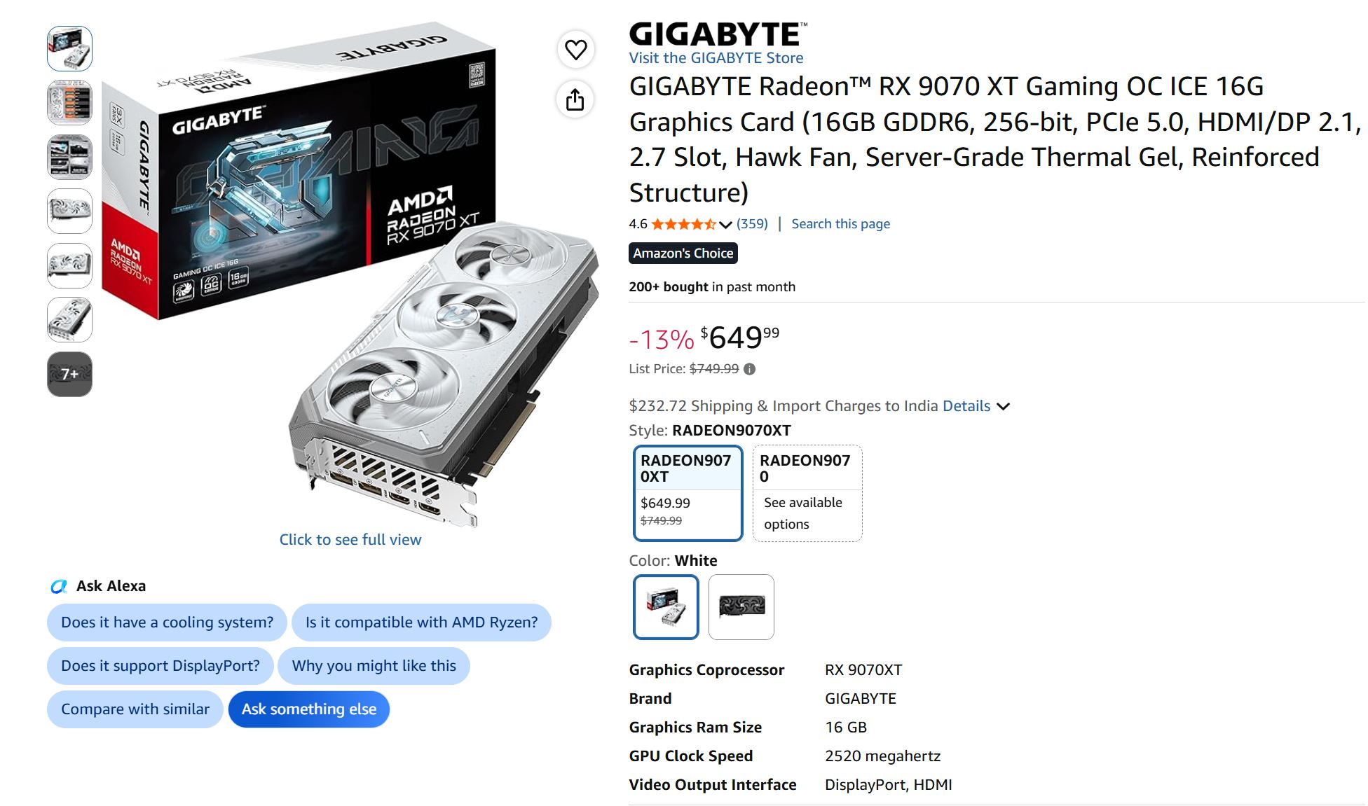 The image shows the GIGABYTE Radeon RX 9070 XT Gaming OC ICE 16G graphics card with a listed price of $649.99, featuring 16GB GDDR6, PCIe 5.0, and various technical details visible on an online store page.