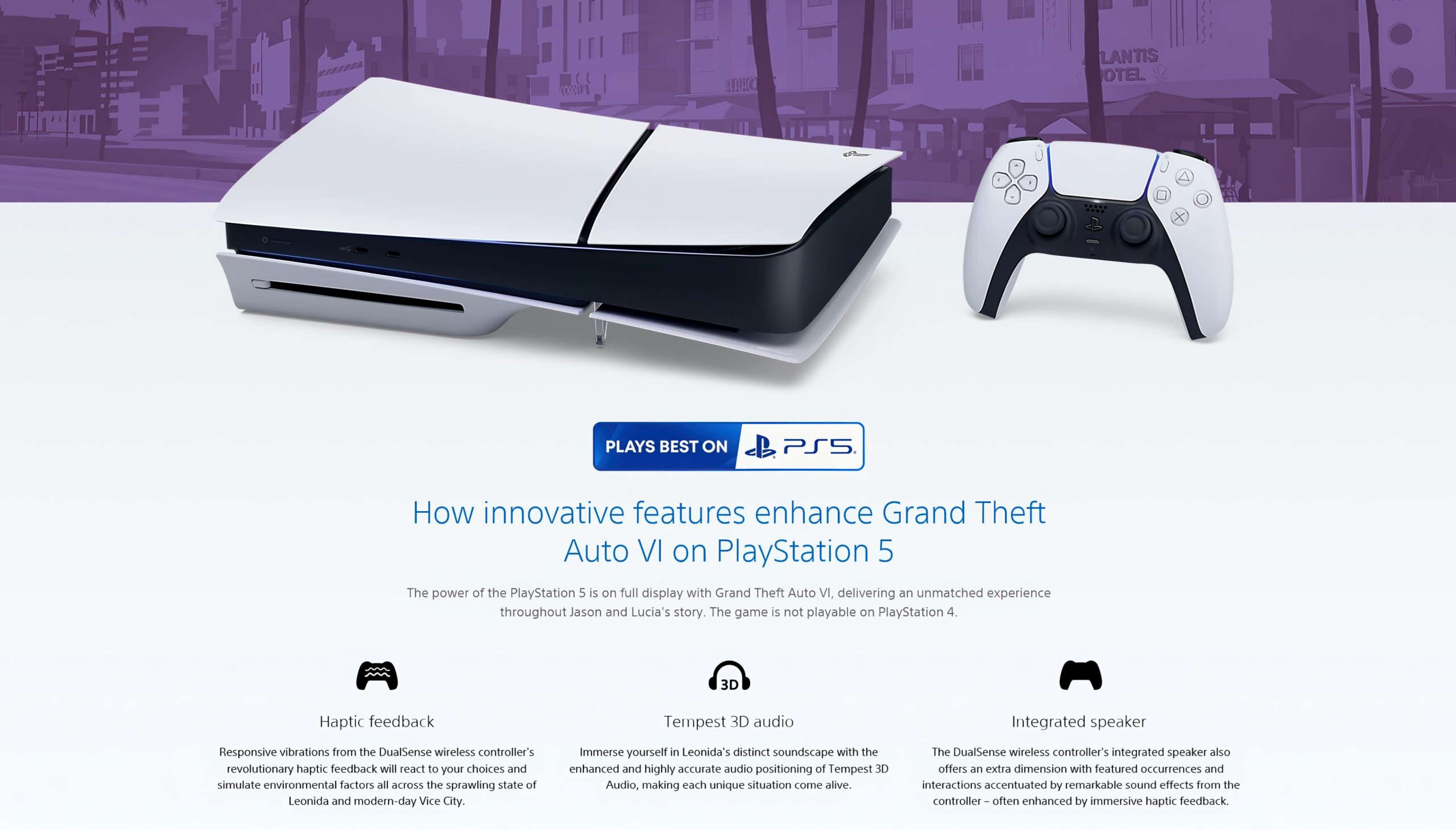 The image shows a PlayStation 5 console and DualSense controller with text stating, Plays best on PS5, promoting enhanced features for Grand Theft Auto VI on PlayStation 5, including haptic feedback, Tempest 3D audio, and an integrated speaker.