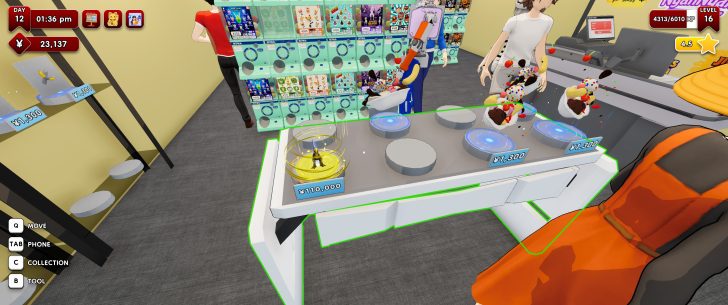 A virtual vending machine in a game displays different items with price tags including '¥1,300' and '¥110,000' as on-screen controls for 'MOVE', 'PHONE', 'COLLECTION', and 'TOOL' appear.
