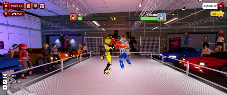 Two robots named 'Bolt' and 'Crank' face off in a fighting ring surrounded by spectators and cars, with a user interface displaying health bars, time as '09:00 pm,' and currency as '¥296,996'.