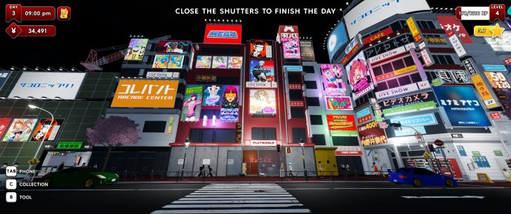 A nighttime city scene in a video game featuring a colorful, neon-lit street with various advertisements and signs, including 'ARCade Center' and 'Gacha,' alongside a game UI showing 'DAY 3,' '09:00 pm,' and '¥34,491.'