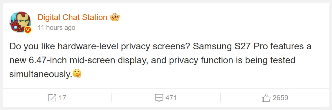 Samsung is testing a premium display feature on the Galaxy S27 Pro