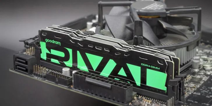 A Goodram RIVAL DDR4 DIMM module installed on a motherboard with a visible cooling fan nearby.