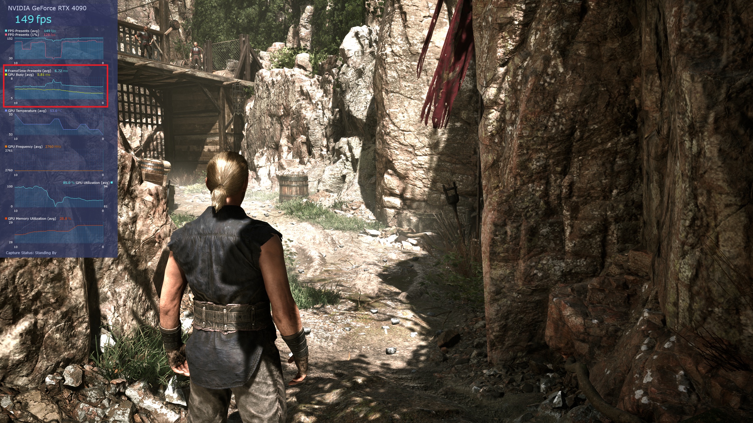 A character in a rocky environment in a game shows performance metrics on the left with 'NVIDIA GeForce RTX 4090' and '149 fps'.