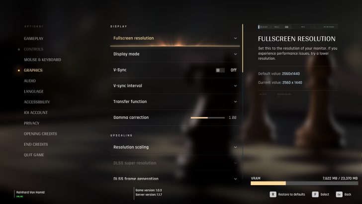 The game settings menu displays graphics options with 'Fullscreen resolution' set to '2560 x 1440'.