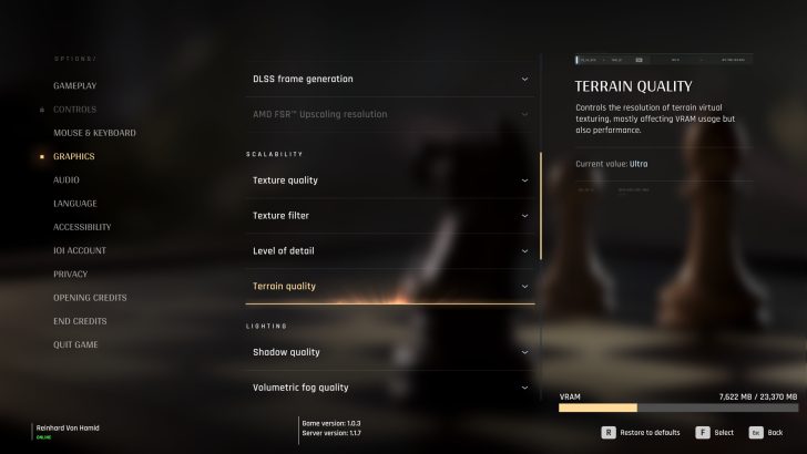 The screen displays a game's graphics settings menu, highlighting 'Terrain quality' with a 'Current value: Ultra' and showing VRAM usage at 7,622 MB out of 23,370 MB.