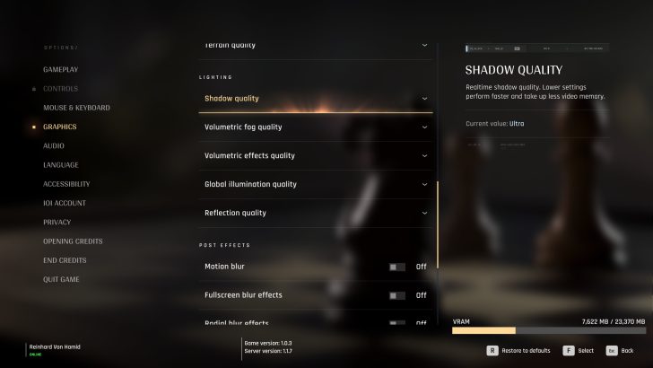 The game settings menu shows 'Shadow quality' set to 'Ultra' with graphics options under the 'Graphics' section and VRAM usage displayed as 7,622 MB out of 23,370 MB.