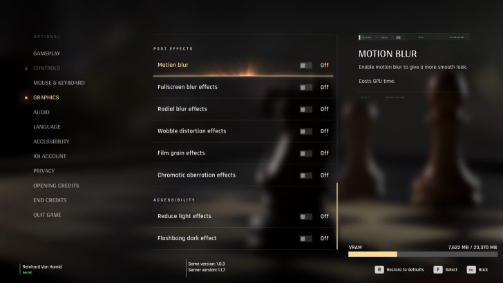 A graphics settings menu for a game shows 'Motion blur' with the toggle set to 'Off,' alongside other 'Post Effects' options like 'Fullscreen blur effects,' 'Radial blur effects,' and 'Film grain effects,' all also set to 'Off'; at the bottom, it indicates 'Game version: 1.0.3' and 'Server version: 1.1.7'.