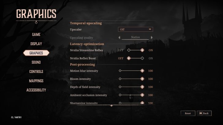 The image shows a game graphics menu with 'Temporal upscaling' options set to 'Off', 'Nvidia Streamline Reflex' is switched 'ON', and various post-processing settings like motion blur and bloom intensity set to '100'.