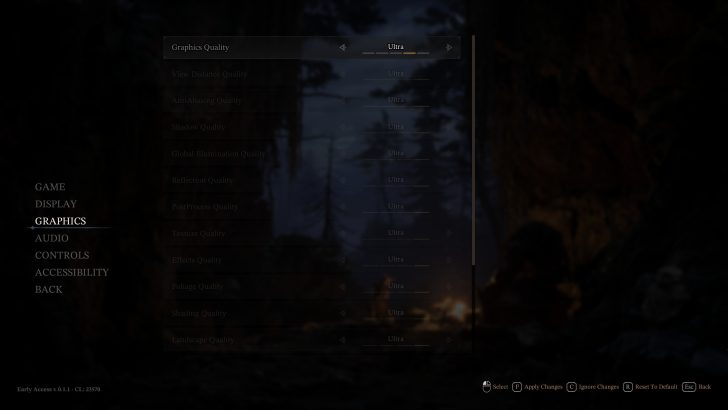 The graphics settings menu of a game shows all quality options set to 'Ultra' with categories like View Distance, AntiAliasing, and Shadow Quality.