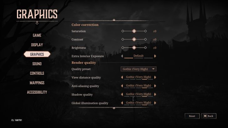 The graphics settings menu displays 'Color correction' and 'Render quality' options, set to 'Gothic (Very High)' for quality preset, view distance, anti-aliasing, shadow, and global illumination.